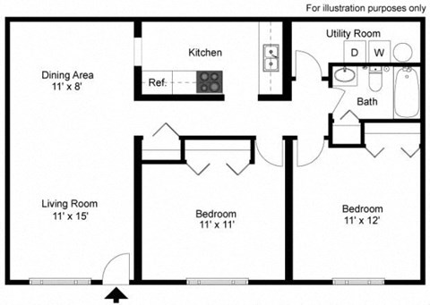 Floor plan for 2 beds, 1 bath, 864 sqft